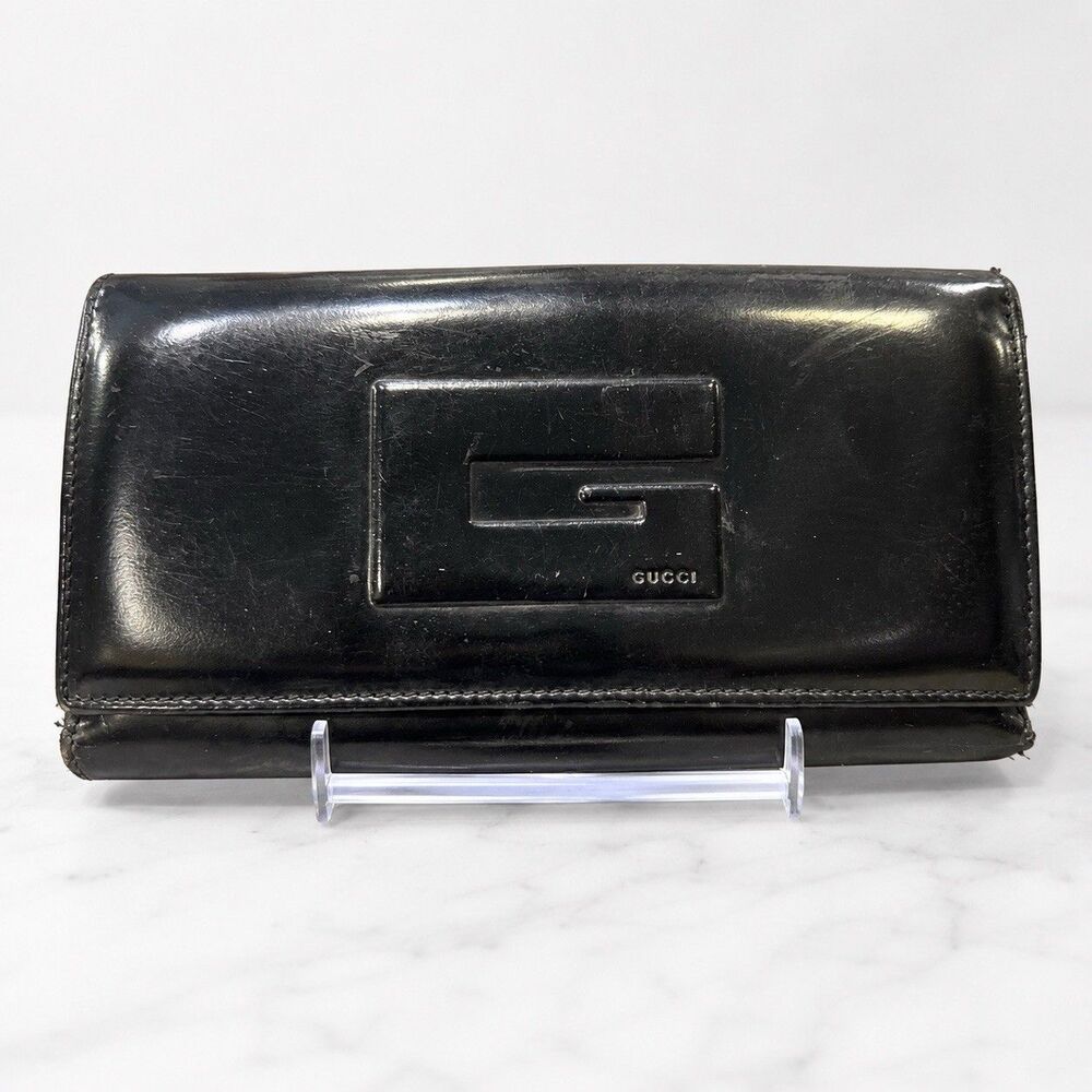 Vtg 1990s GUCCI Tom Ford Era 7” Long Patent Leather Wallet G Motif Black READ